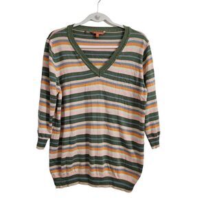 Modcloth Sweater Womens 1X‎ Green Striped Knit V-Neck Pullover 3/4 Sleeve Cotton